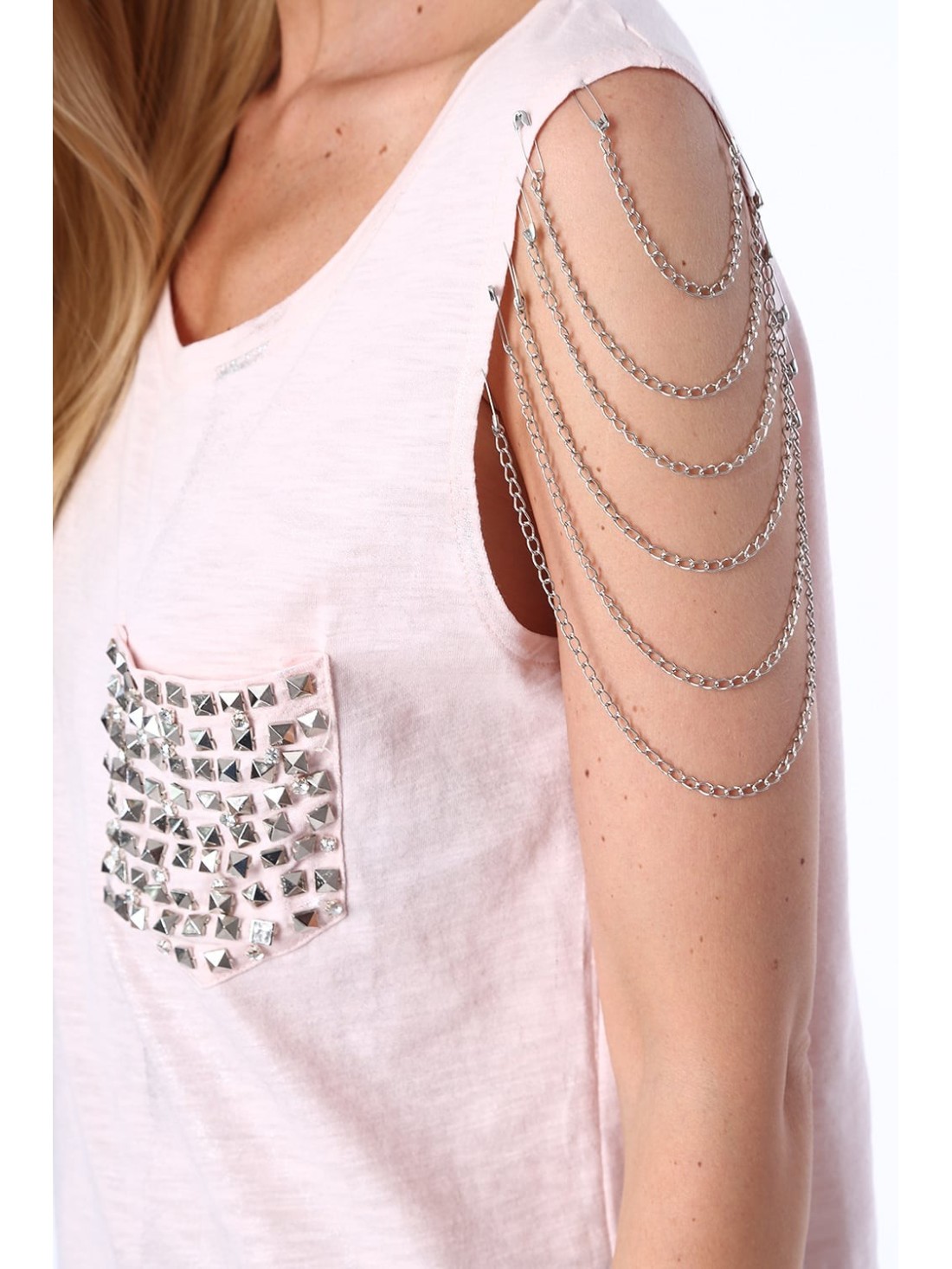 Women\'s blouse with rhinestones and chains, light pink ZZ1120 - Online store - Boutique